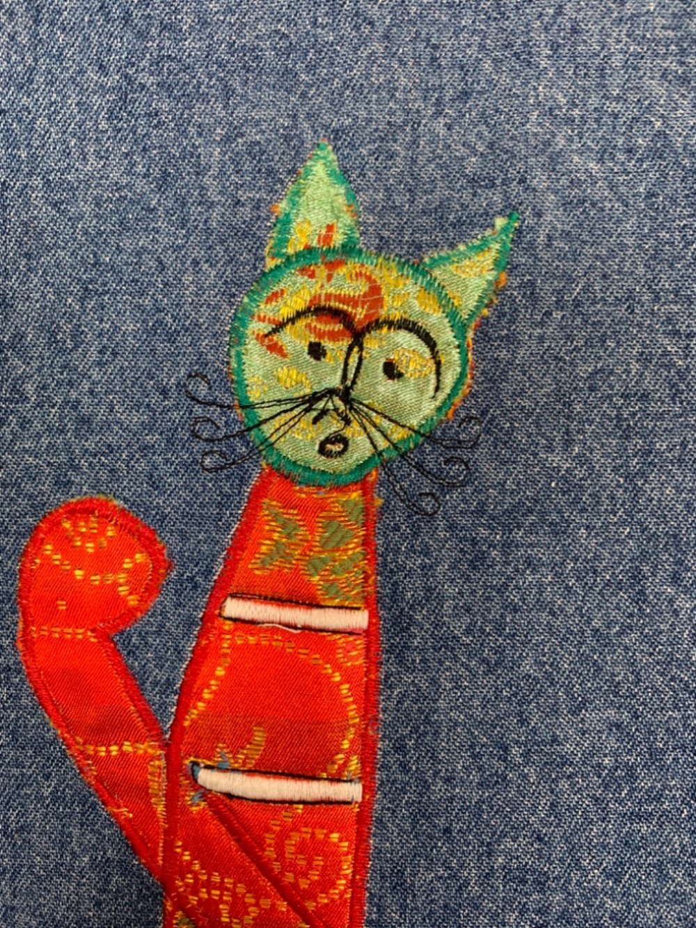 Tantrums Denim Jacket Women's Large Appliqué Cats Asian Flair Whimsical Artsy - Picture 14 of 16